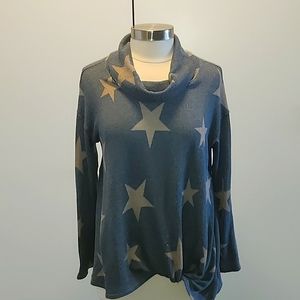 Blue/Cream Color Stars Cowl Neck Sweater